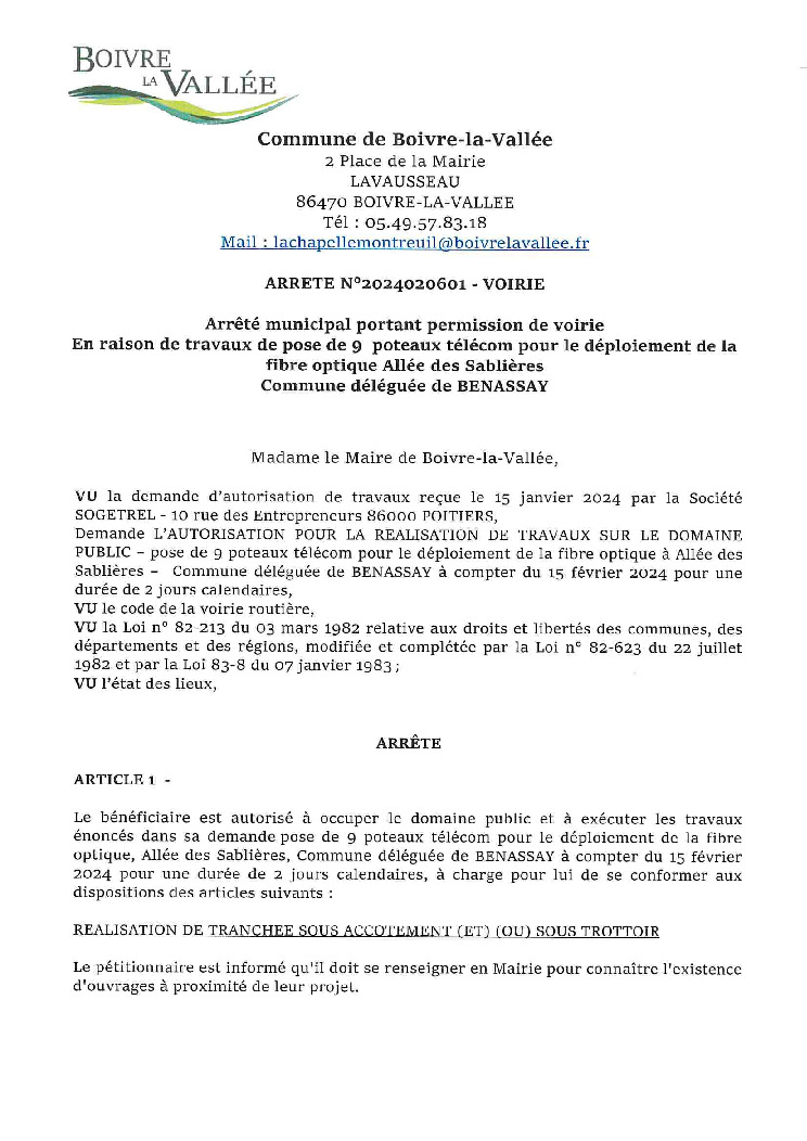 thumbnail of ARRETE-PERMISSION-DE-VOIRIE-SOGETREL-POSE-DE-9-POTEAUX-TELECOM-ALLEE-DES-SABLIERES-BENASSAY