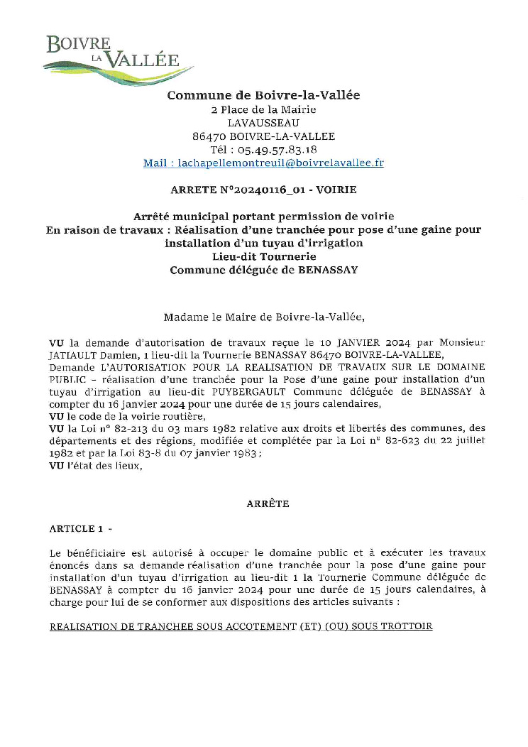 thumbnail of ARRETE-PERMISSION-VOIRIE-MR-JATIAULT-DAMIEN-REALISATION-TRANCHEE-1-LA-TOURNERIE-BENASSAY