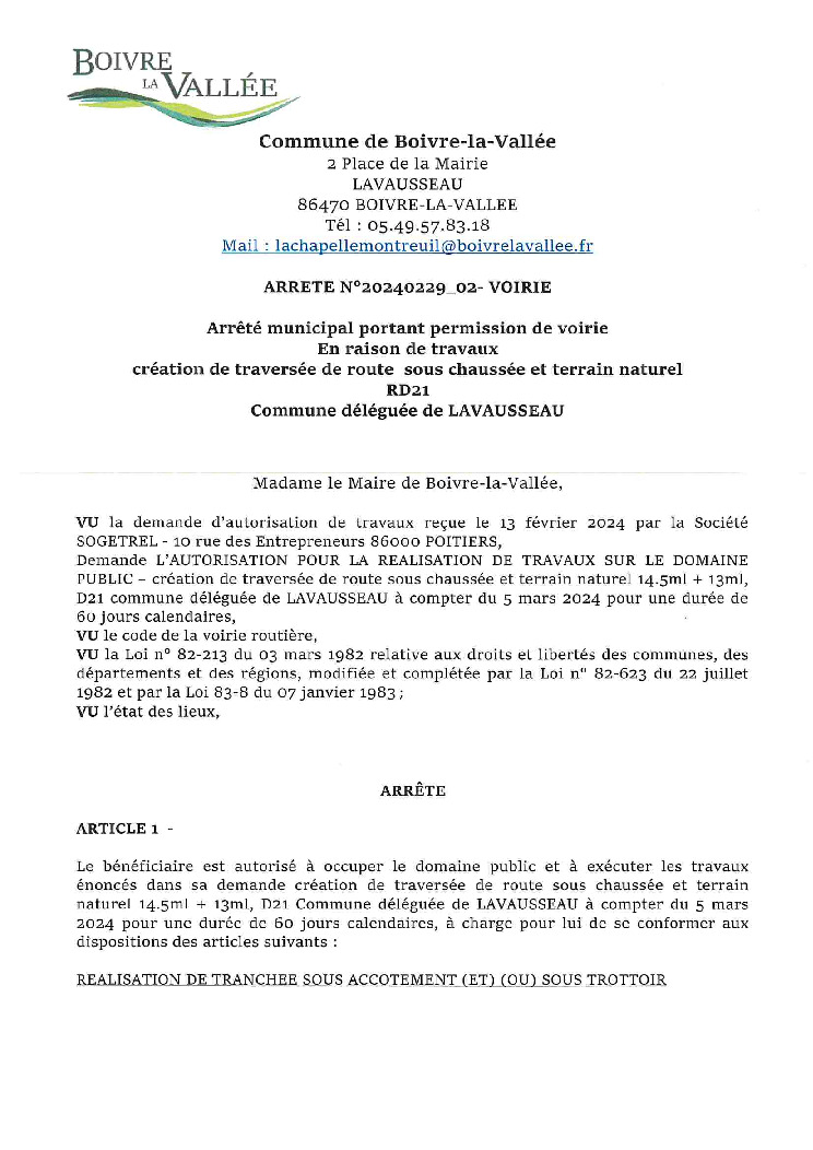 thumbnail of ARRETE-PERMISSION-VOIRIE-N°-20240229_02-SOGETREL-CREATION-TRAVERSEE-DE-ROUTE-SOUS-CHAUSSEE-RD-21-LAVAUSSEAU