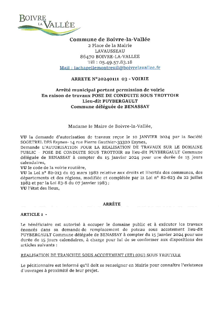 thumbnail of ARRETE-VOIRIE-20240111_03-SOGETREL-POSE-DE-CONDUITE-SOUS-TROTTTOIR-PYBERGAULT-BEN
