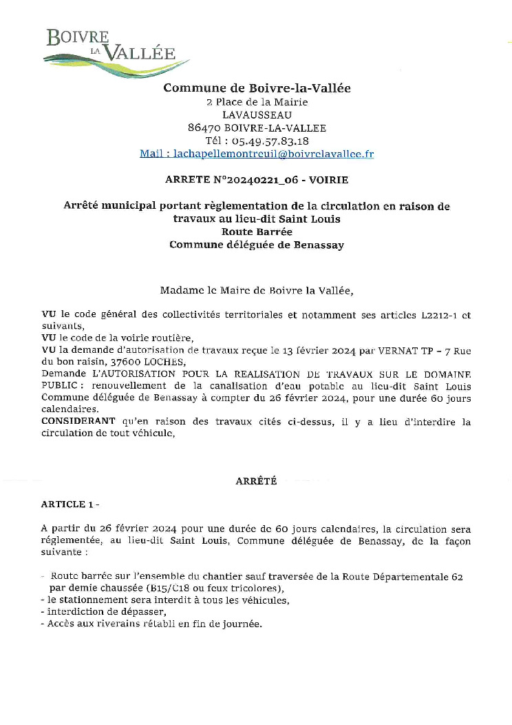 thumbnail of ARRETE-VOIRIE-N°-20240221_06-VERNAT-TP-RENOUVELLEMENT-CANALISATION-EAU-SAINT-LOUIS-BENASSAY