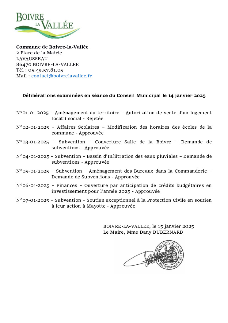 thumbnail of Délibérations éxaminées en CM – 20250114
