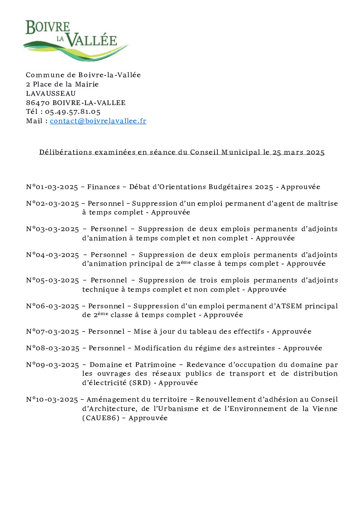 thumbnail of Délibérations éxaminées en CM – 20250325