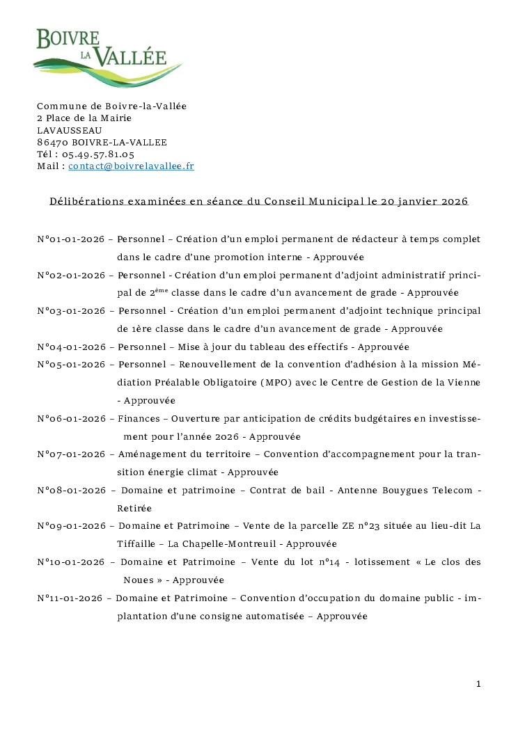 thumbnail of Délibérations éxaminées en CM – 20260120